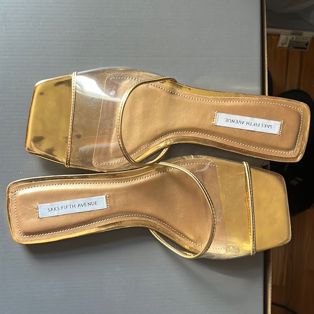 Saks Fifth Avenue Gold Clear Strap Slide Sandals